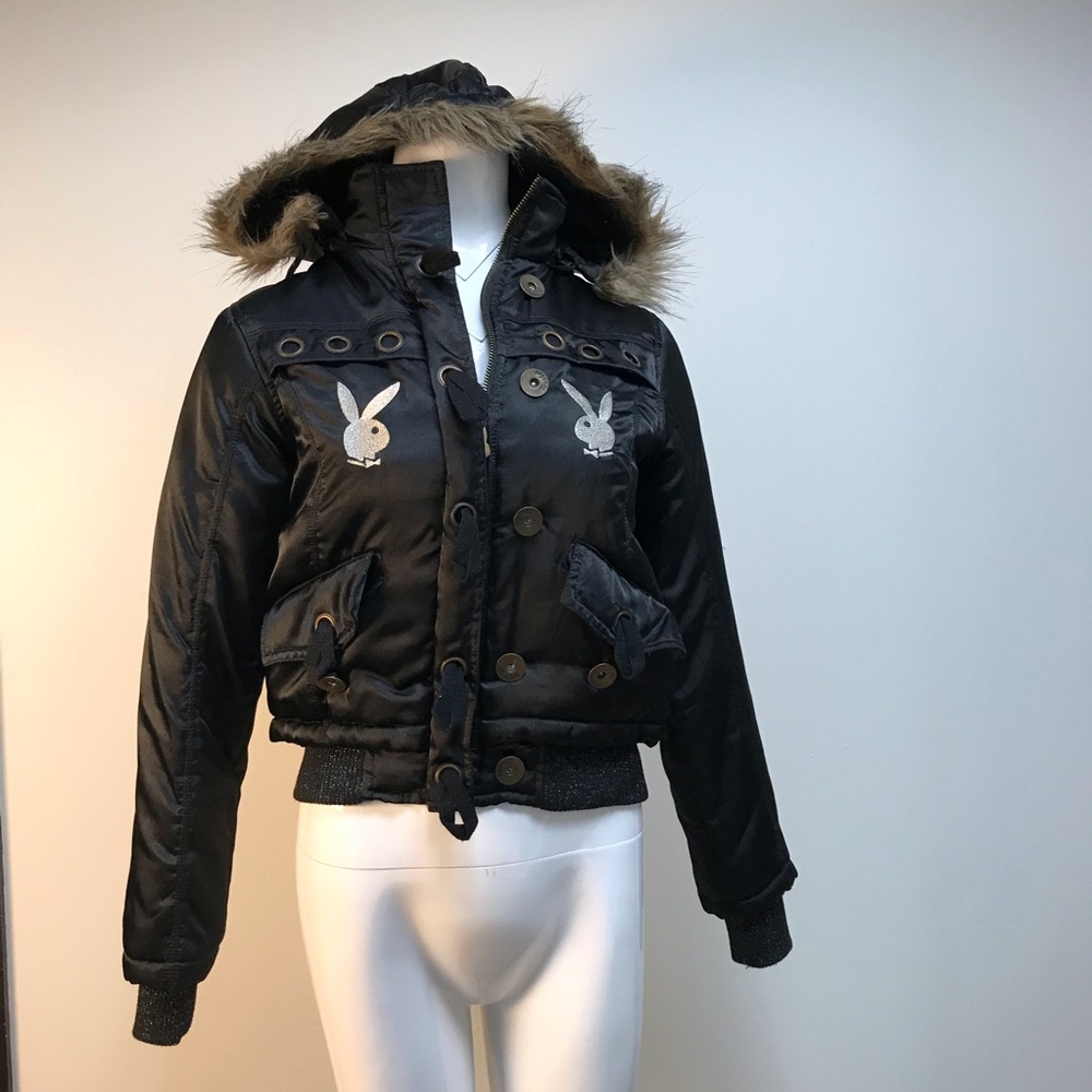 Playboy Black Hooded Bomber Jacket with Faux Fur Trim - It's A Petite-Small